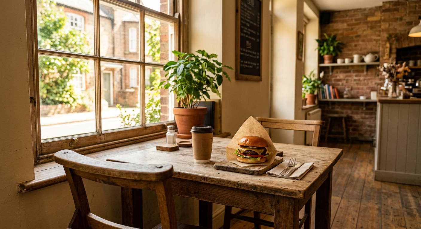Simple timber tables and chairs beside a sunny window inside the cafe