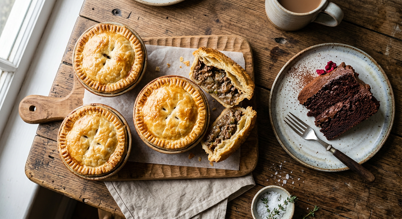 Golden homemade pies and a slice of cake on a rustic wooden table
